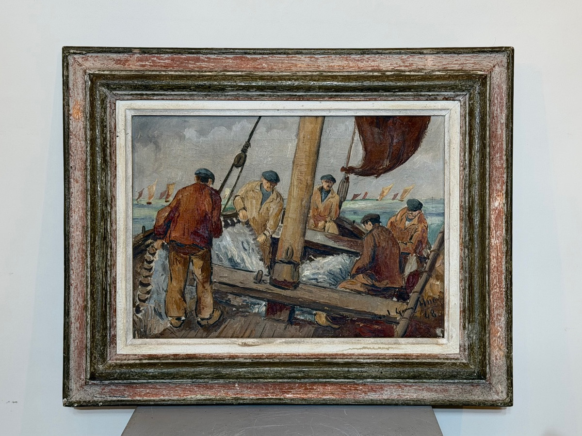Oil On Canvas Depicting Fishermen By Mg Hué. -photo-2
