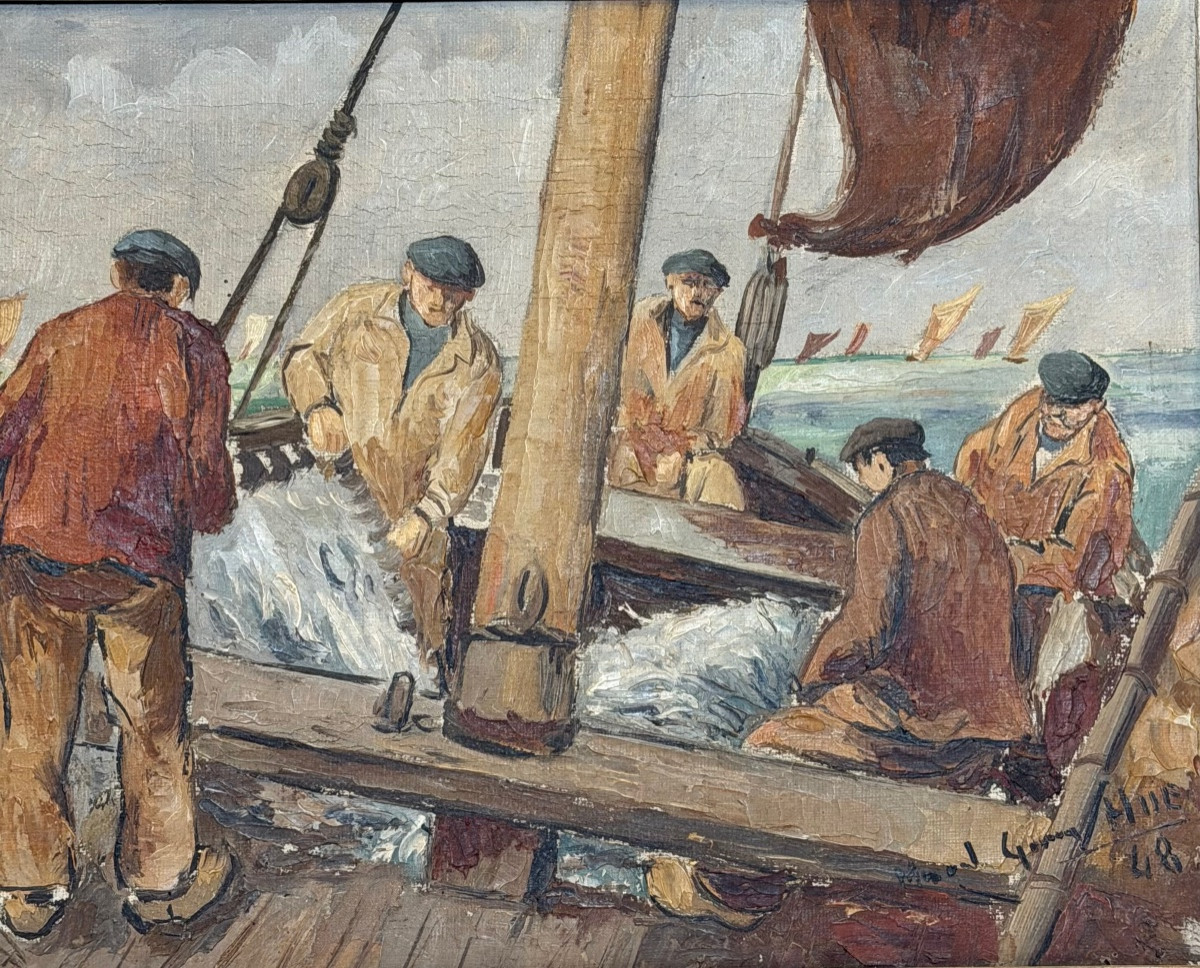 Oil On Canvas Depicting Fishermen By Mg Hué. -photo-3
