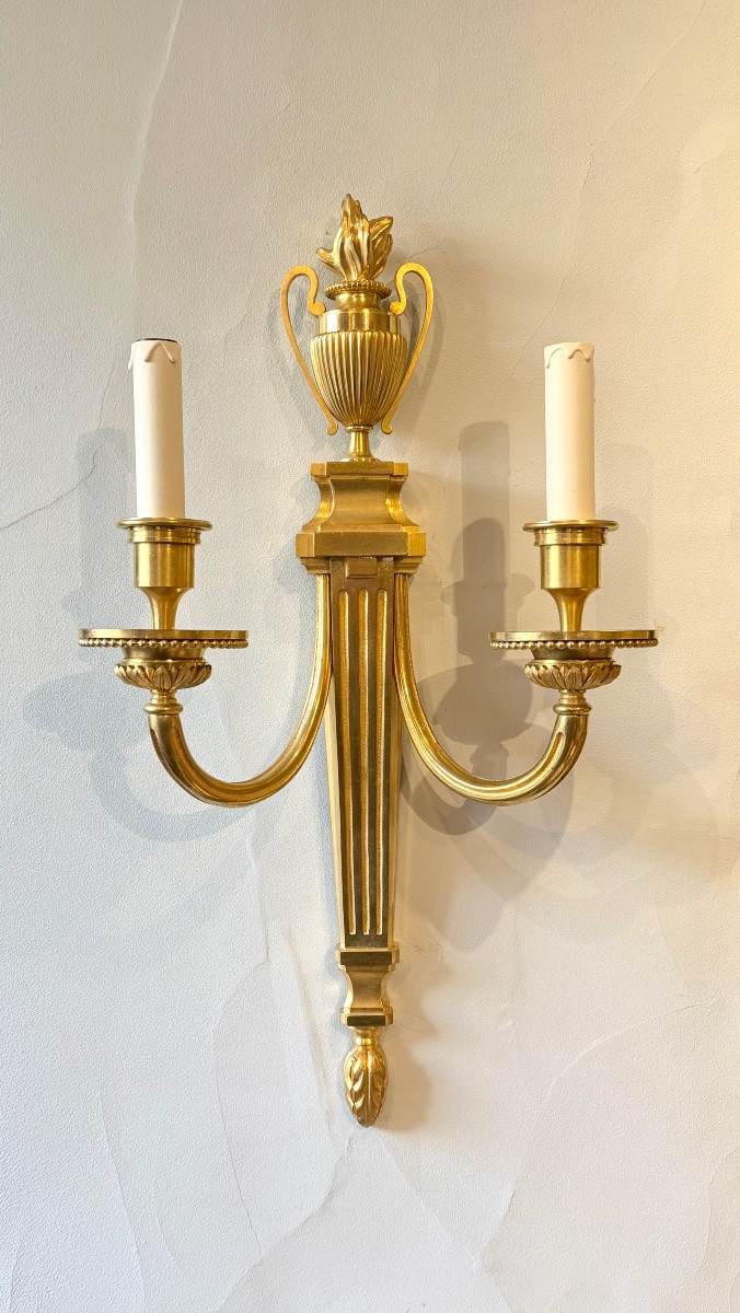 Pair Of Louis XVI Style Wall Sconces In Gilt Bronze Dating From 1920. 59 Cm High. -photo-2