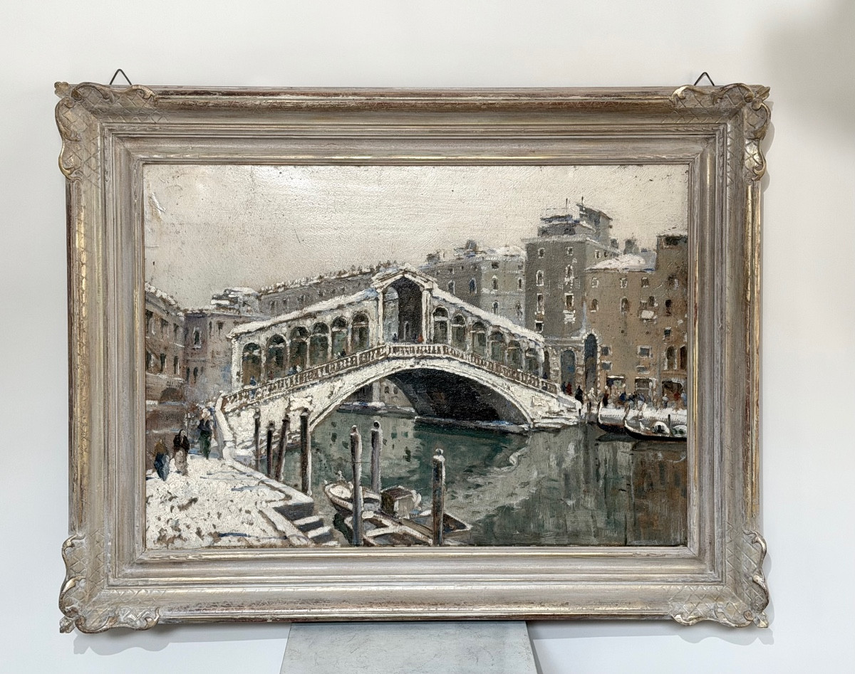 Painting Of The Rialto In Venice Under The Snow In The 1940s.