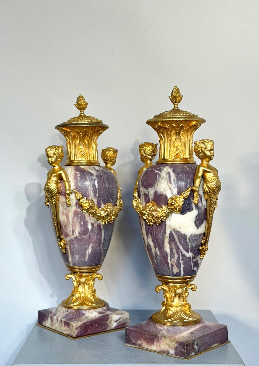 Pair Of Marble And Gilt Bronze Cassolette From The 1880's.-photo-3
