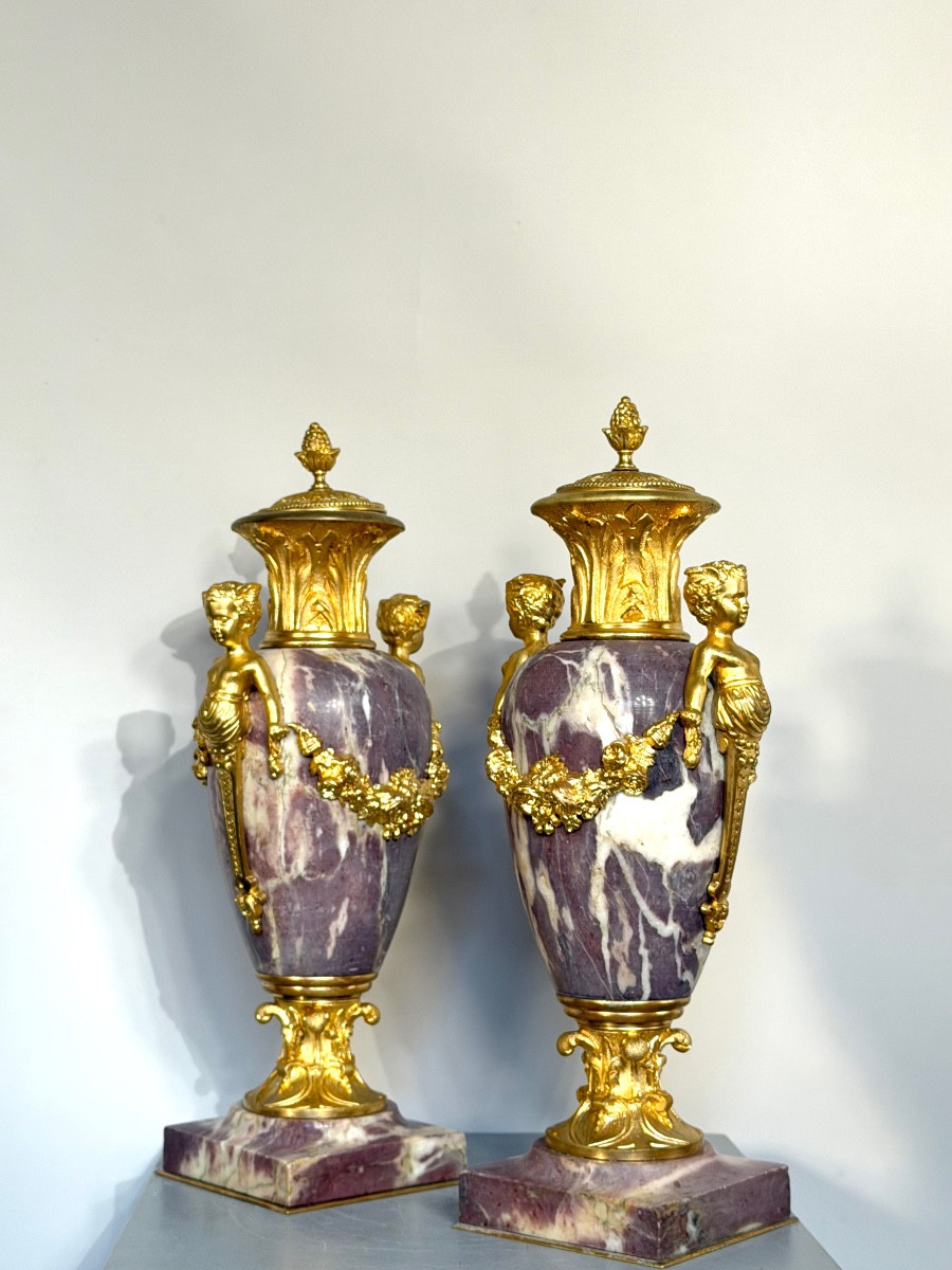 Pair Of Marble And Gilt Bronze Cassolette From The 1880's.-photo-4