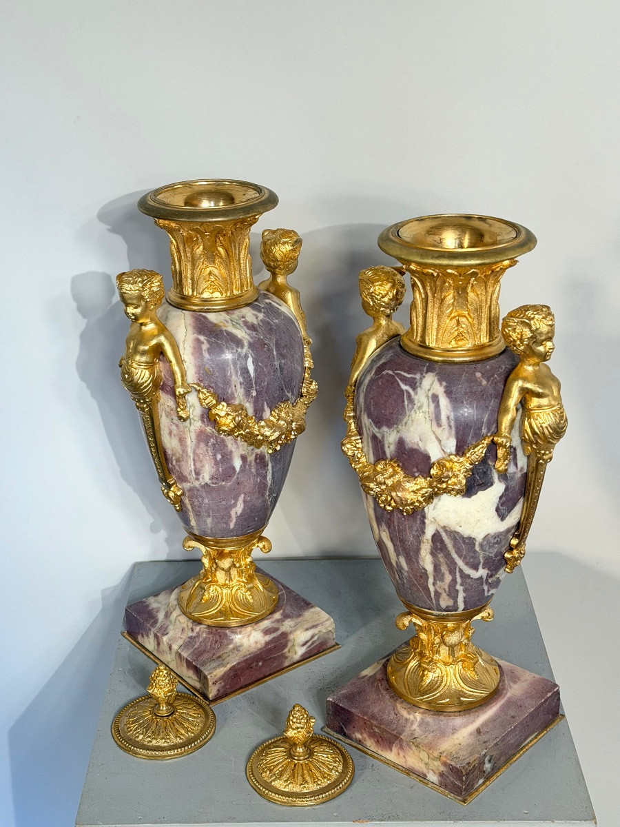 Pair Of Marble And Gilt Bronze Cassolette From The 1880's.-photo-1