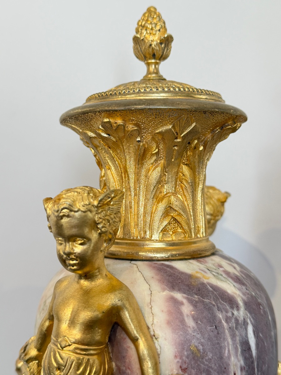 Pair Of Marble And Gilt Bronze Cassolette From The 1880's.-photo-5