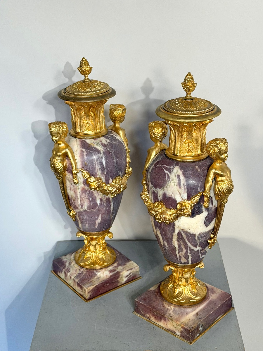 Pair Of Marble And Gilt Bronze Cassolette From The 1880's.-photo-7