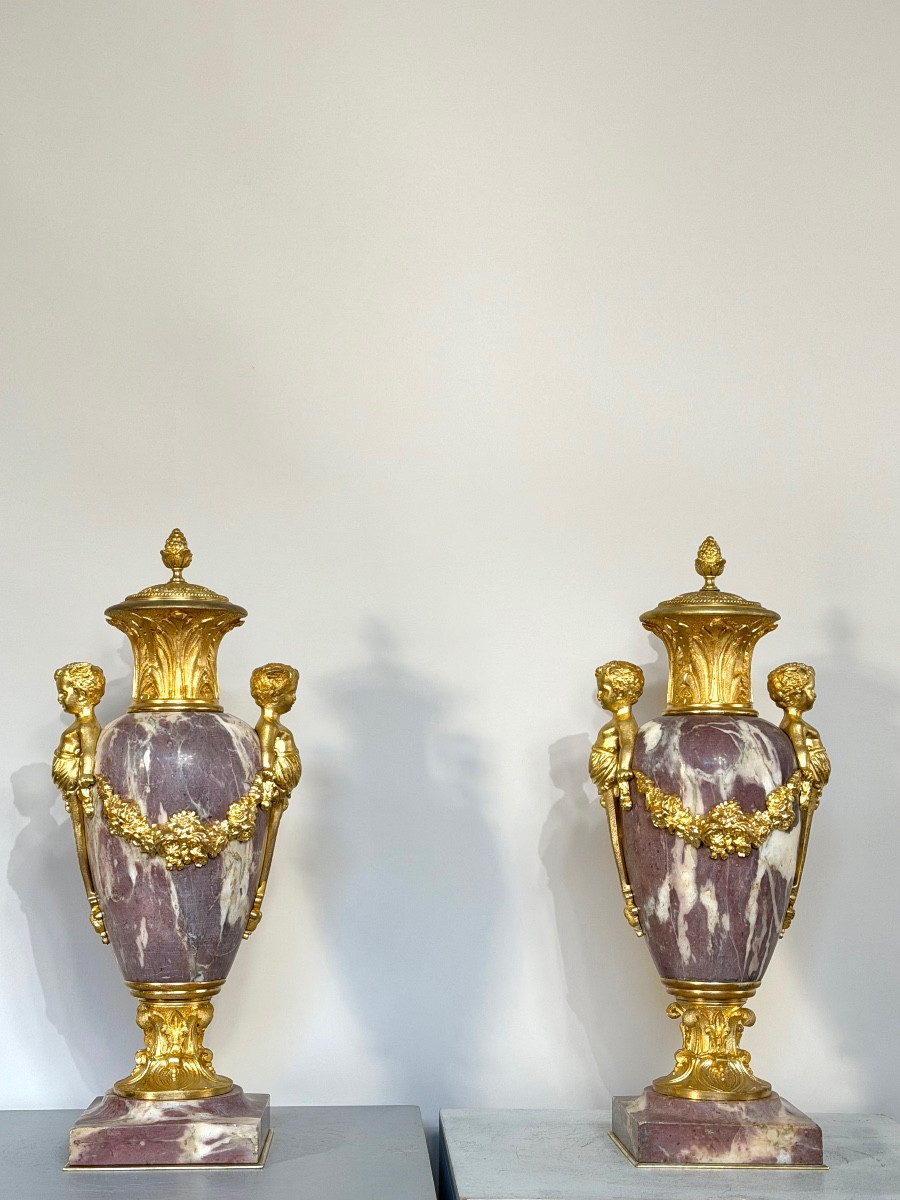Pair Of Marble And Gilt Bronze Cassolette From The 1880's.