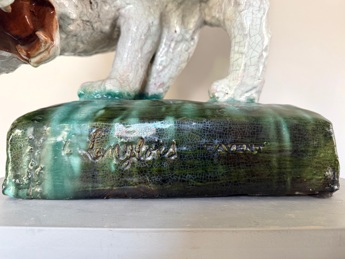 Chat en faïence du Mesnil de Bavent, artiste C. Langlois. 47 cm de hauteur. -photo-2