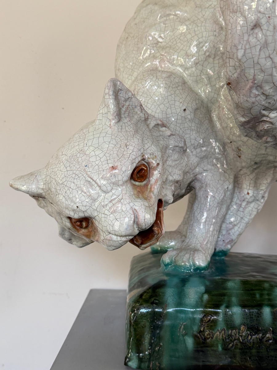 Chat en faïence du Mesnil de Bavent, artiste C. Langlois. 47 cm de hauteur. -photo-6