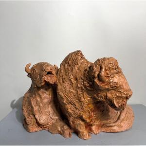 Group Of Bison In Raw Earth Signed Prunet Claude