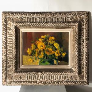 Oil On Cardboard  Signed Ménard. The Marigold Flowers.