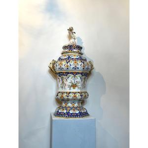 Covered Pot From The Desvres Earthenware Factory, 70 Cm High. 