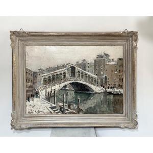 Painting Of The Rialto In Venice Under The Snow In The 1940s.