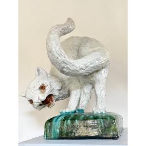 Earthenware Cat By Mesnil Of Bavent,artist C. Langlois. 1870
