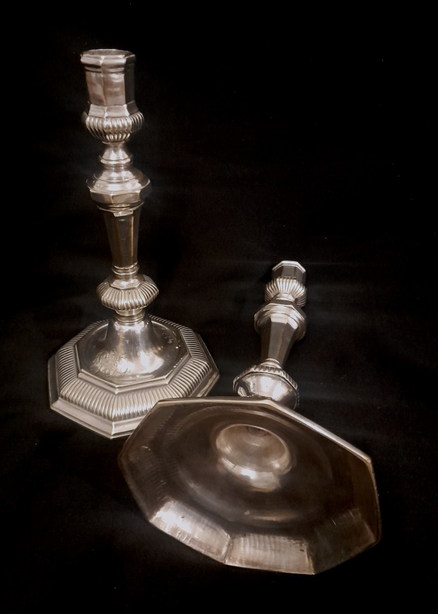 Pair Of Silver-plated Bronze Candlesticks, Louis XIV Period, 18th Century-photo-4