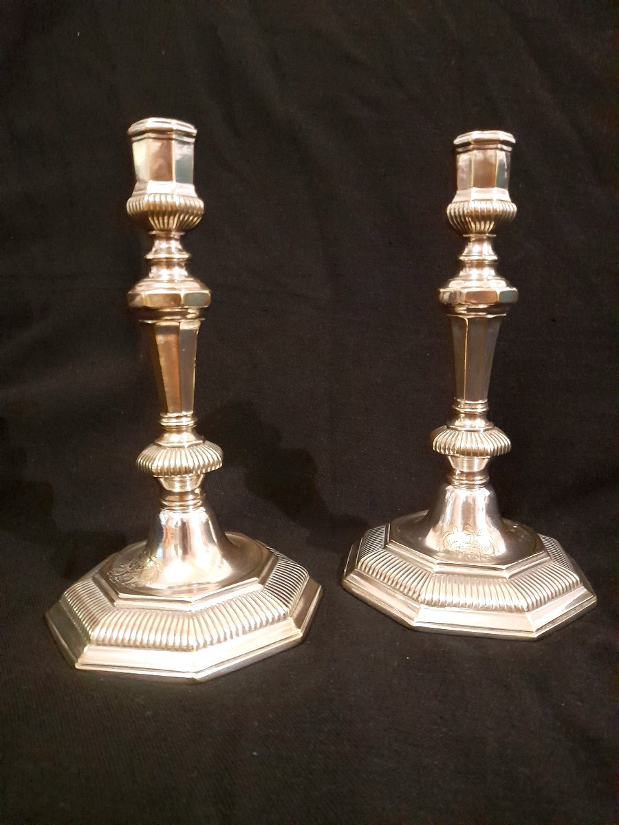 Pair Of Silver-plated Bronze Candlesticks, Louis XIV Period, 18th Century
