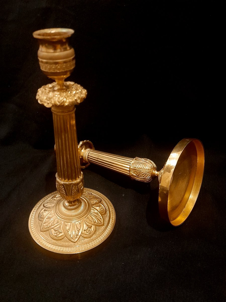 Pair Of Gilt Bronze Candlesticks, Restoration Period, 19th Century-photo-3