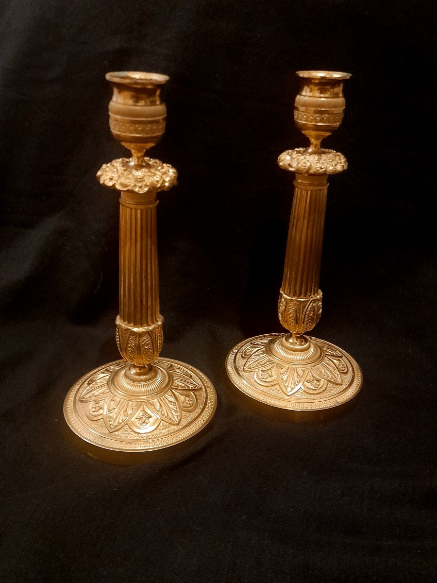 Pair Of Gilt Bronze Candlesticks, Restoration Period, 19th Century