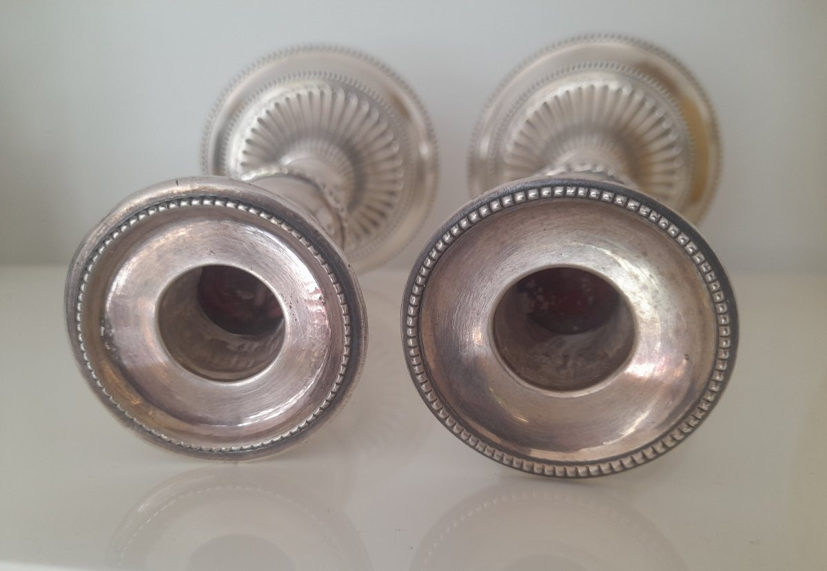 Paire de bougeoirs d'époque Louis XVI en bronze argenté XVIIIeme 18 siecle-photo-1