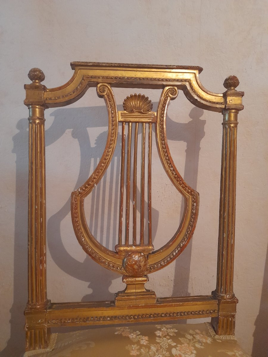 Paire de chaises lyre epoque louis xvi 16 xviii 18eme siecle bois doré -photo-4