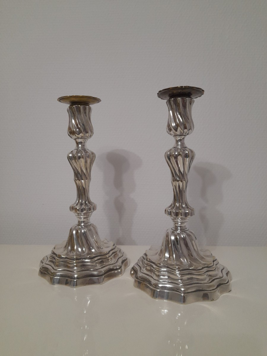 Pair Of Silver-plated Bronze King Candlesticks, Louis XV, XVIII, 18th Century, Torches