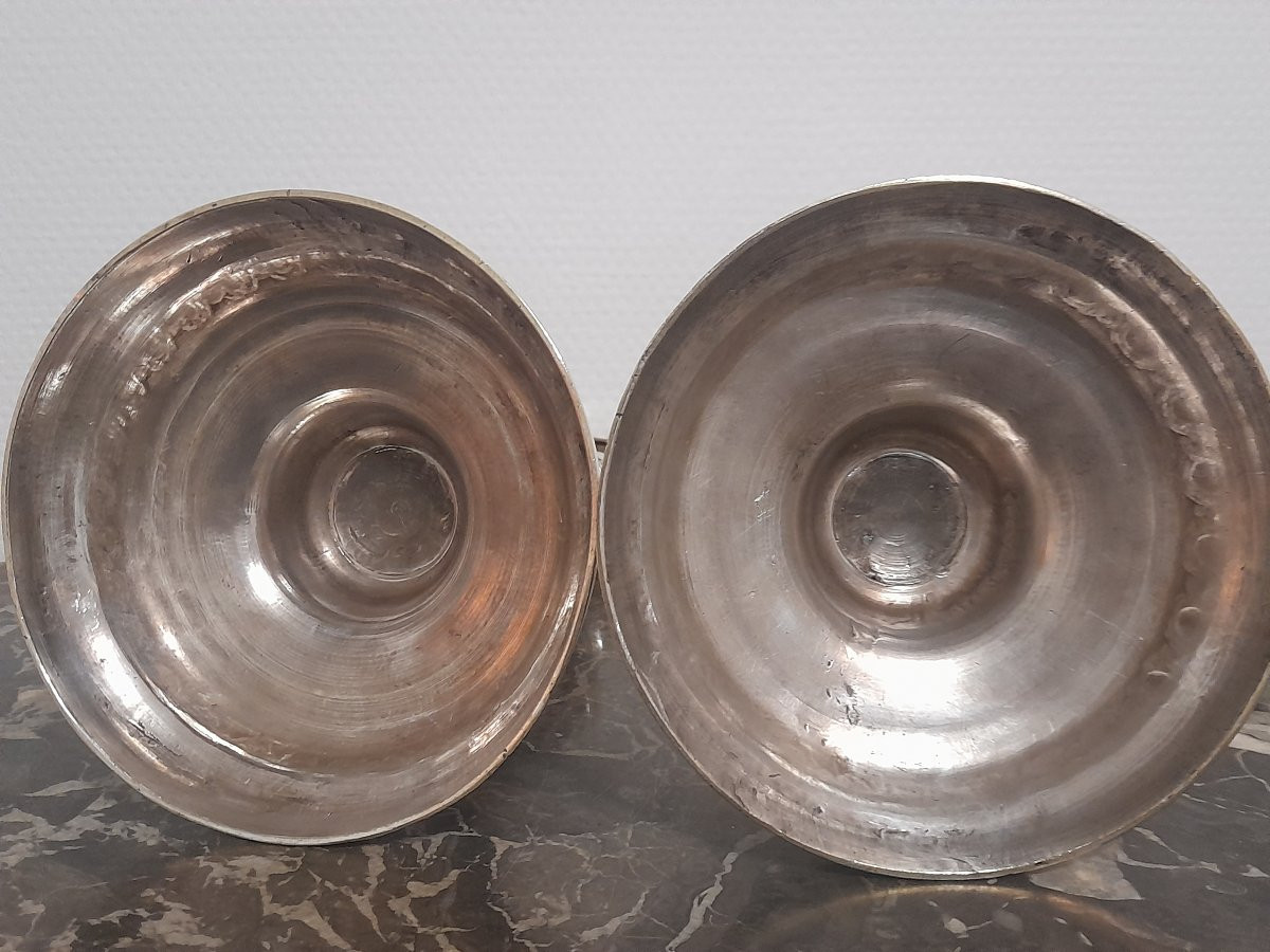 Paire de bougeoirs chandeliers en bronze argenté epoque louis xvi 16 xviii 18eme siecle -photo-2