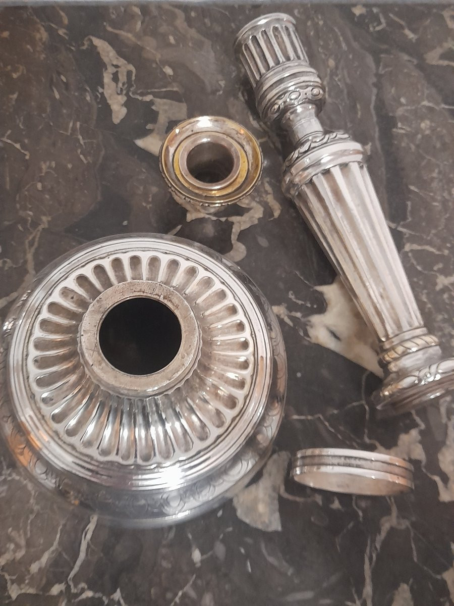 Paire de bougeoirs chandeliers en bronze argenté epoque louis xvi 16 xviii 18eme siecle -photo-3