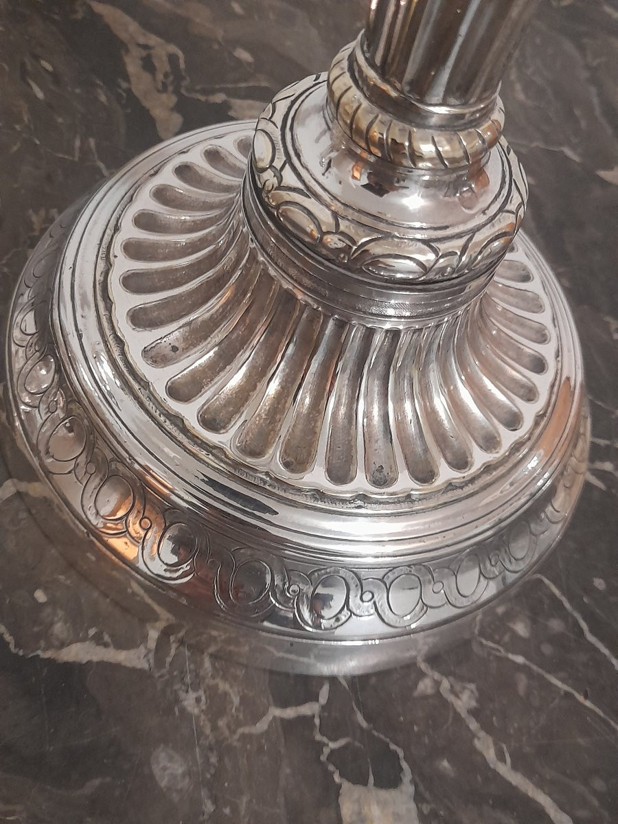Paire de bougeoirs chandeliers en bronze argenté epoque louis xvi 16 xviii 18eme siecle -photo-4