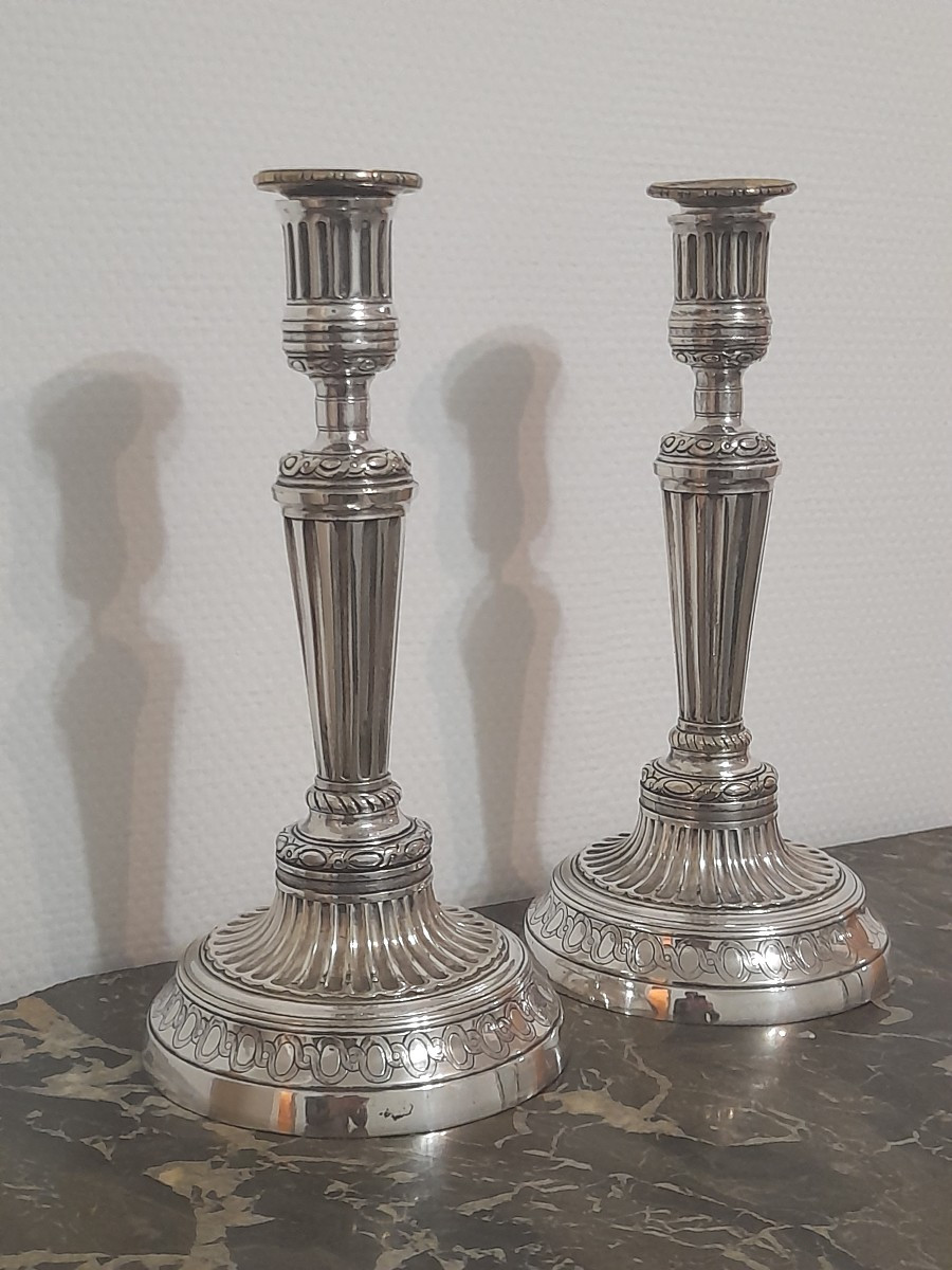Paire de bougeoirs chandeliers en bronze argenté epoque louis xvi 16 xviii 18eme siecle 
