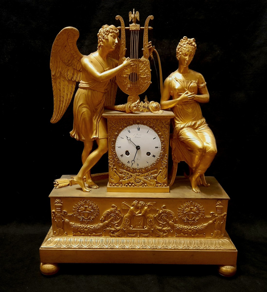 Pendule bronze doré epoque Empire Restauration signée Ravrio