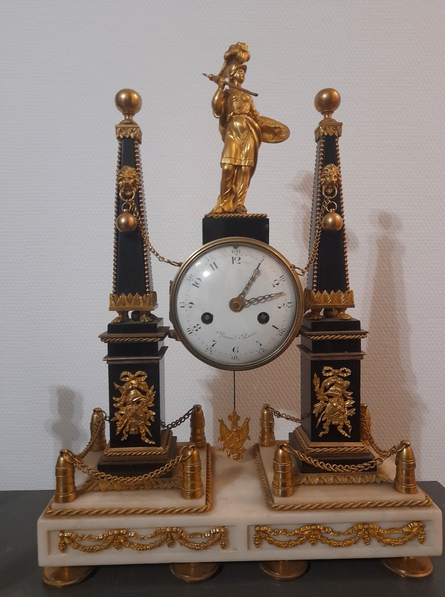 Portico Clock With Obelic, Minerva And Athena, Gilt Bronze And Marble, Louis XVI/18th Century