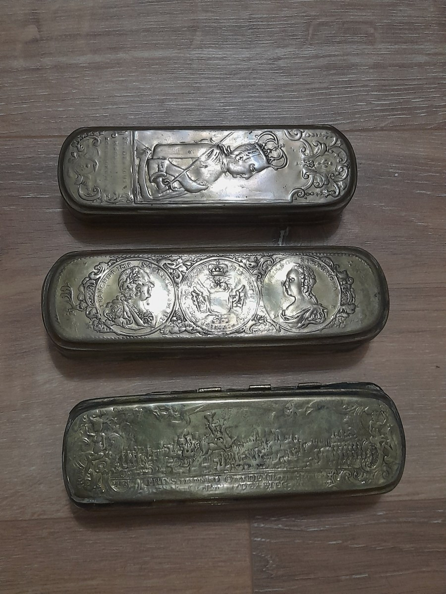 Set Of Three Dutch-german Brass Snuffboxes, Folk Art 