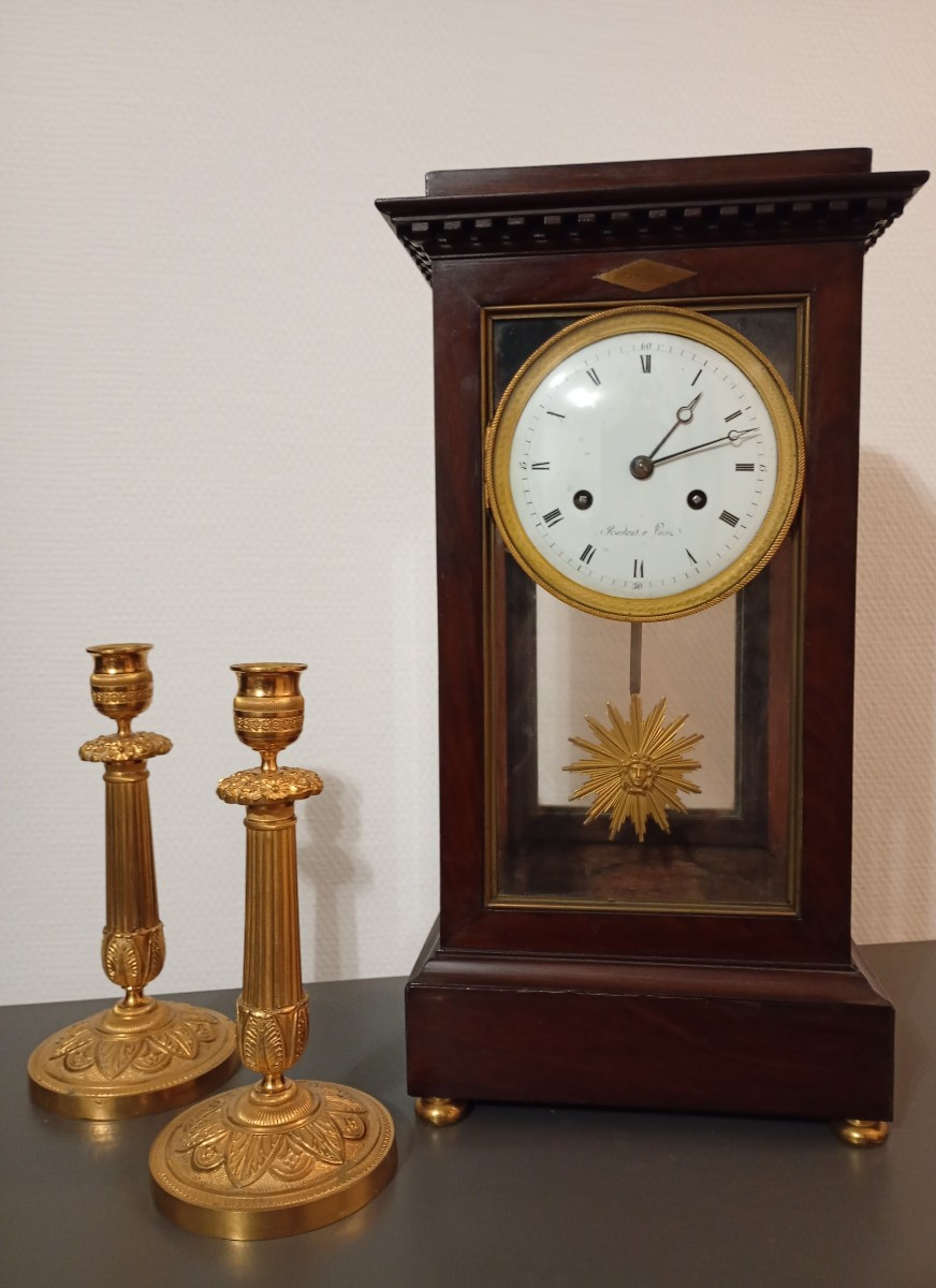 Pendule cage cheminée en acajou epoque directoire regulateur