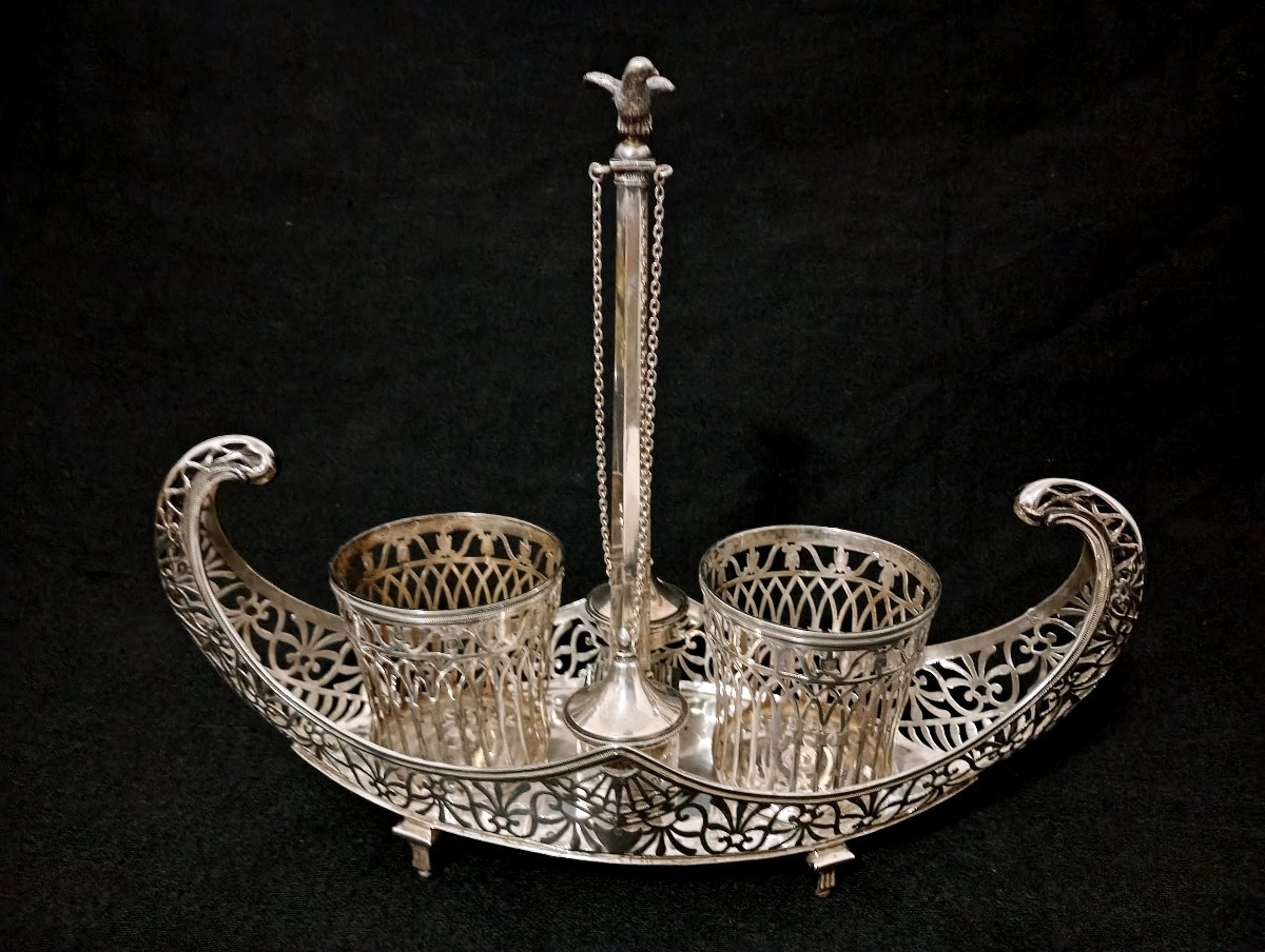 Solid Silver Shuttle-shaped Oil And Vinegar Cruet, Directoire/empire Period, Silversmith's Hallmark -photo-2
