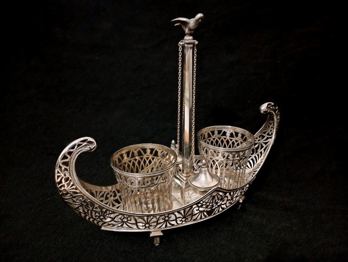 Solid Silver Shuttle-shaped Oil And Vinegar Cruet, Directoire/empire Period, Silversmith's Hallmark -photo-3