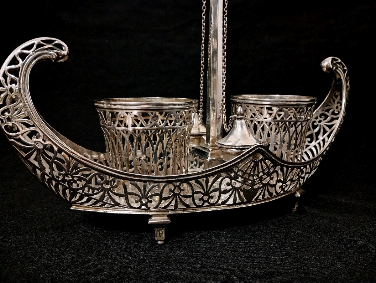 Solid Silver Shuttle-shaped Oil And Vinegar Cruet, Directoire/empire Period, Silversmith's Hallmark -photo-4