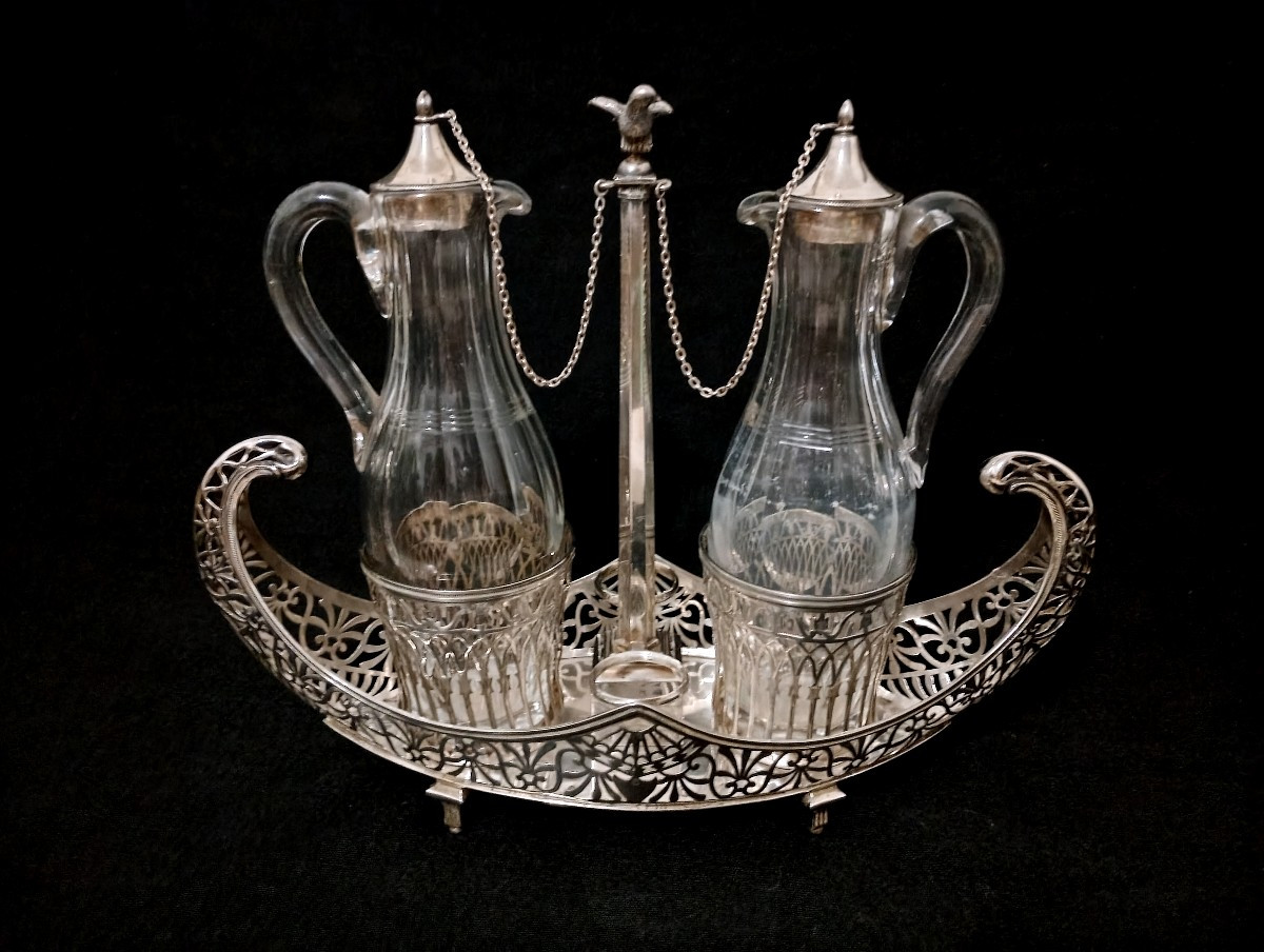 Solid Silver Shuttle-shaped Oil And Vinegar Cruet, Directoire/empire Period, Silversmith's Hallmark 