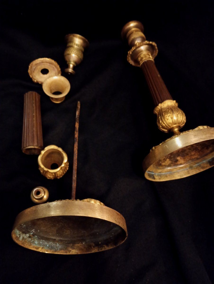 Pair Of Double-patinated Gilt Bronze Candlesticks, Restoration Period, Torches-photo-1