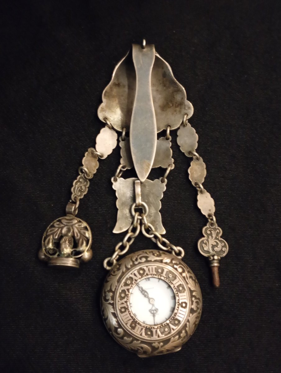 Montre de deuil gousset Gustave Sandoz horlogerie ancienne châtelaine armoiries blason noblesse-photo-2