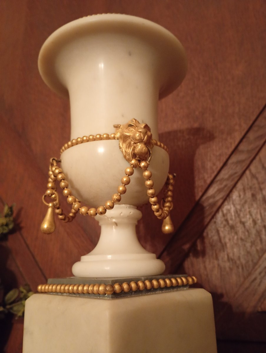 Pair Of Medici Urns Vases, Louis XVI Style Mantelpiece Ornament, 16 Gilt Bronze Incense Burner-photo-3