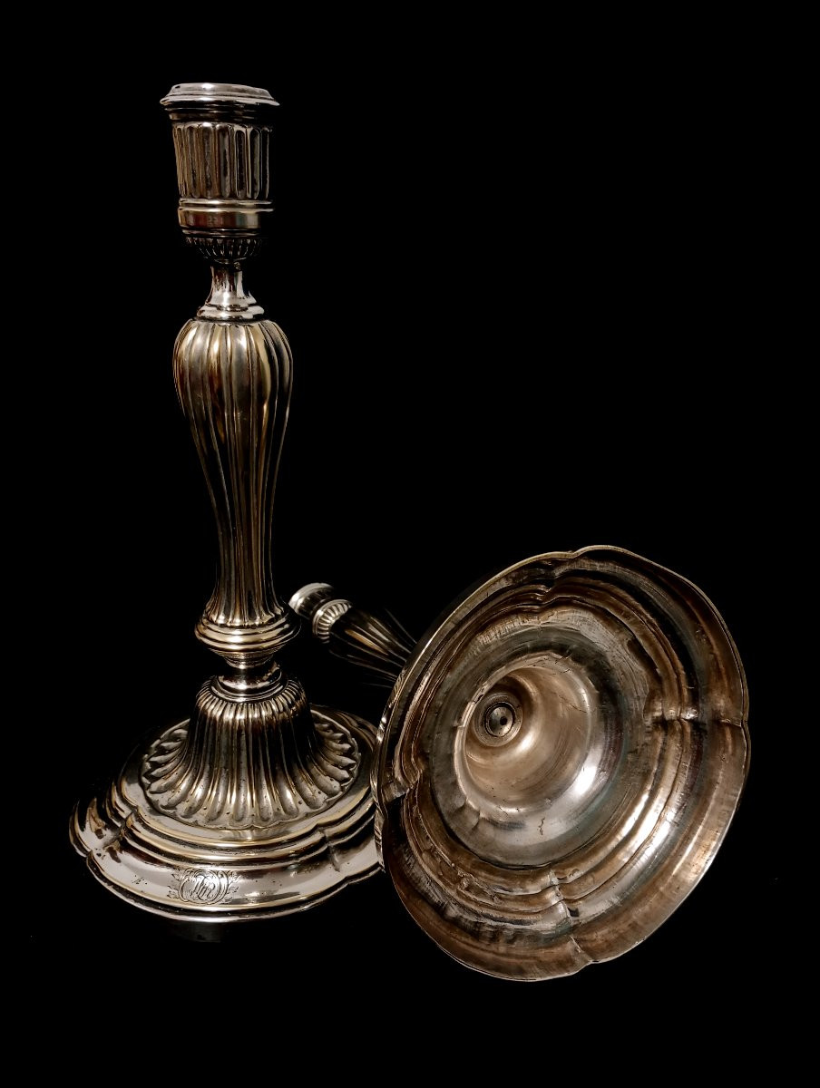 Paire de bougeoirs en bronze argenté epoque Louis xvi 16 18eme xviii siecle flambeaux-photo-4