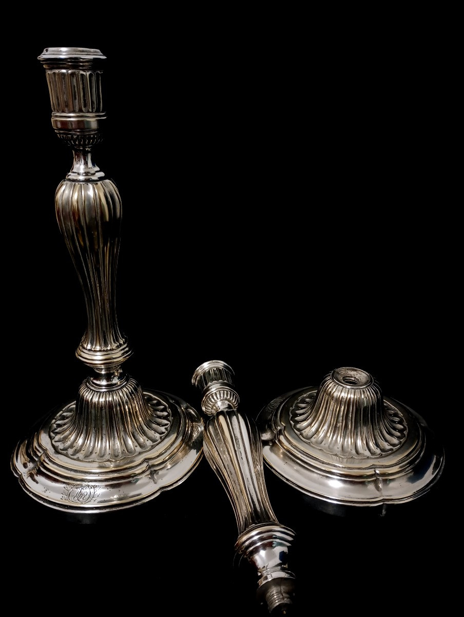 Paire de bougeoirs en bronze argenté epoque Louis xvi 16 18eme xviii siecle flambeaux-photo-1