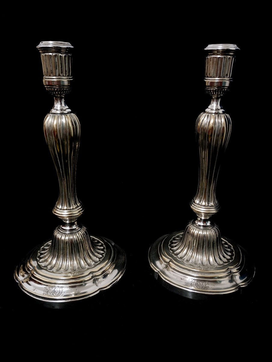 Paire de bougeoirs en bronze argenté epoque Louis xvi 16 18eme xviii siecle flambeaux