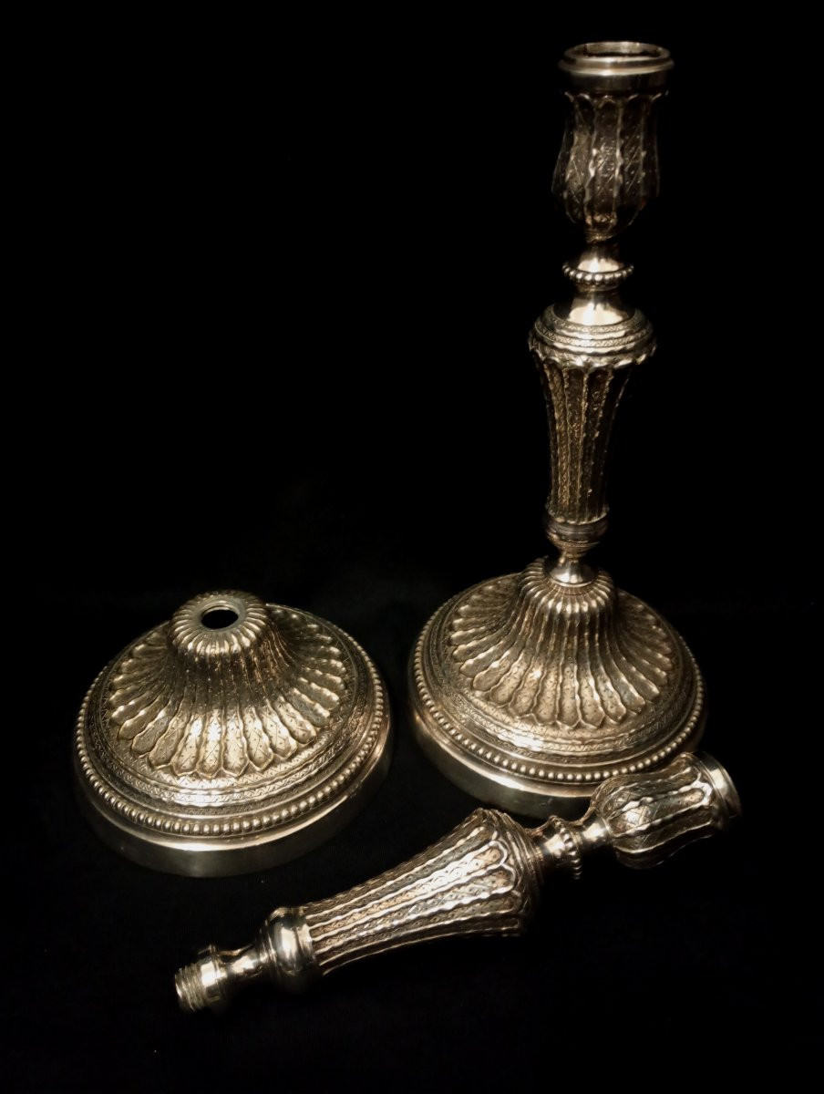 Paire de flambeaux en bronze argenté epoque Louis xvi 16 bougeoirs xviii 18eme siecle-photo-4