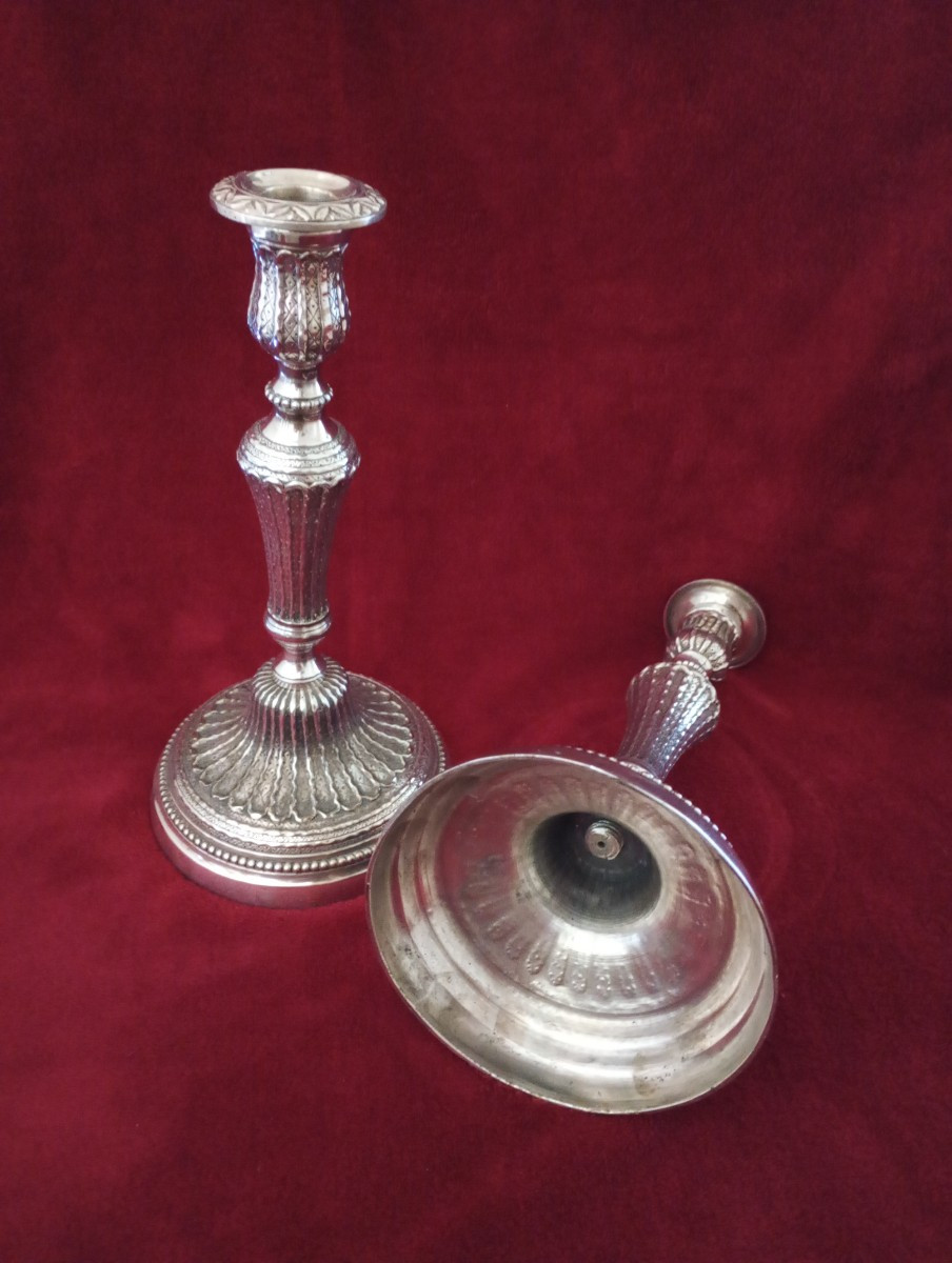Paire de flambeaux en bronze argenté epoque Louis xvi 16 bougeoirs xviii 18eme siecle-photo-2