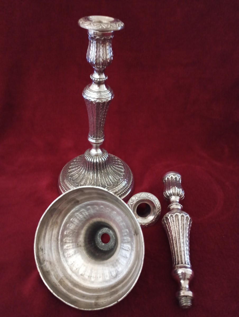 Paire de flambeaux en bronze argenté epoque Louis xvi 16 bougeoirs xviii 18eme siecle-photo-3