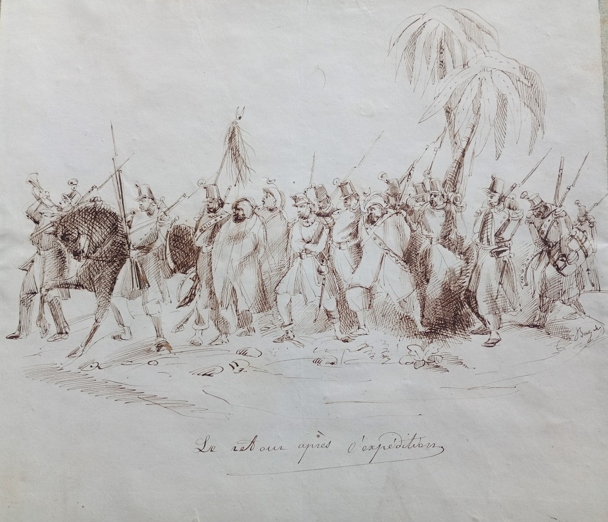 Dessin expédition militaire algerie militaria epoque xix 19eme siecle orientalisme