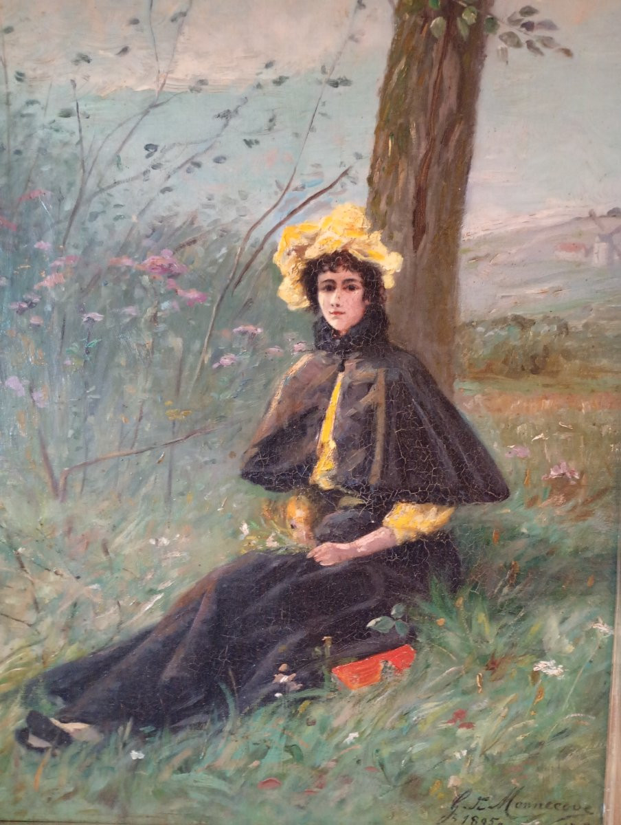 Gaston De Monnecove Painting Portrait Of Elegant Belle Epoque Fashion Painting Late 19th Century-photo-2