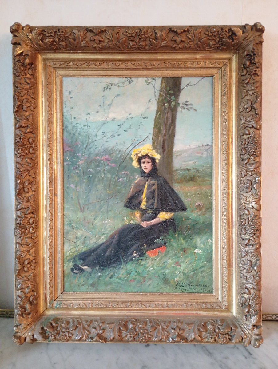 Gaston De Monnecove Painting Portrait Of Elegant Belle Epoque Fashion Painting Late 19th Century