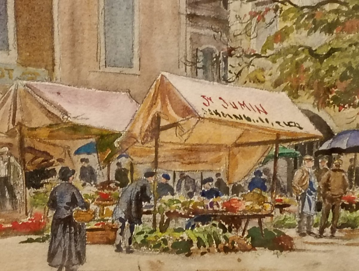 Watercolor Ernest Jean Marie Millard De Bois Durand Painting Market Day In Castillonnes-photo-2