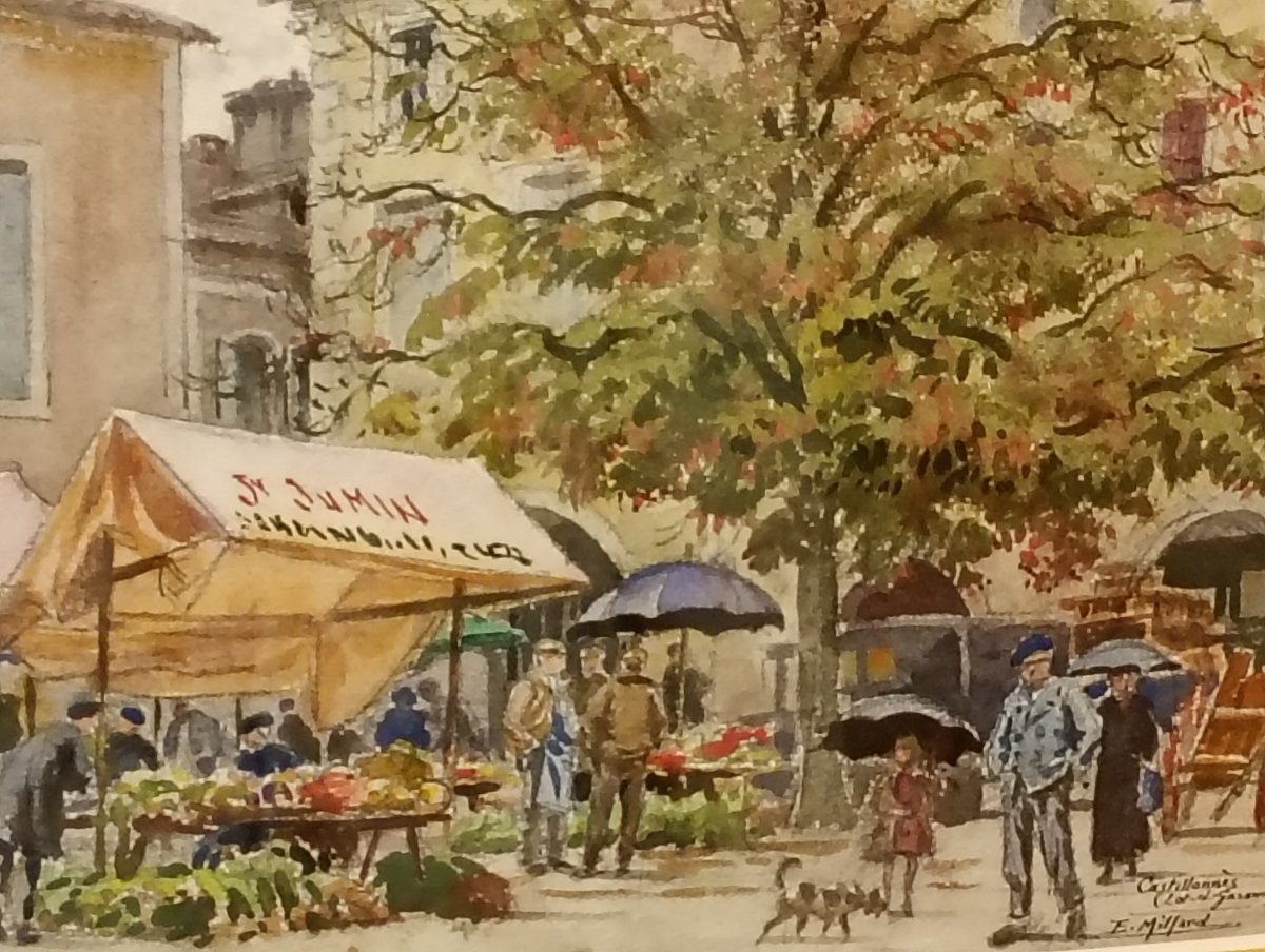 Watercolor Ernest Jean Marie Millard De Bois Durand Painting Market Day In Castillonnes-photo-3